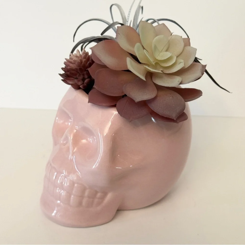 Pink Skull Planter with Faux Succulents